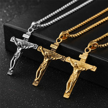 Pingente formato cruz de jesus, pingente colar masculino aço inoxidável preto dourado prateado 2024 - compre barato