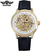 Relógios masculinos de marca popular, relógio mecânico de luxo para a mão e o vento com caixa dourada e esqueleto, pulseira de couro, novo 2024 - compre barato