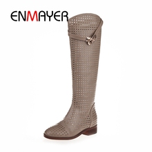 ENMAYER New Fashion round Toe Women Knee High Boots Thick Heels Sexy Cutout Boots Summer Cool Boots Women's Shoes Size 40 CR353 2024 - buy cheap