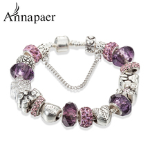 ANNAPAER-pulsera de abalorios de cristal púrpura para mujer, brazalete de Color plata antigua, compatible con pulsera, regalos DIY, B17008 2024 - compra barato