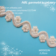 10 yards wholesale bridal beaded applique rhinestone pearl trim iron on for wedding dress WDD0194 2024 - buy cheap