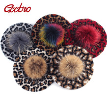 Geebro-boina de leopardo con pompón de piel de mapache para mujer, boinas cálidas de Cachemira para invierno, sombreros de lana para artista francés 2024 - compra barato