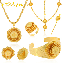 Ethlyn etíope casamento jóias cor de ouro feminino conjuntos de corrente de cabelo/vara de cabelo/pingente/pulseira/brincos/anéis s142a 2024 - compre barato