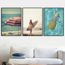 Современная доска для серфинга, ананас, пляж, морской пейзаж, настенная живопись на холсте, скандинавские постеры и принты, настенные картинки для декора гостиной 2024 - купить недорого