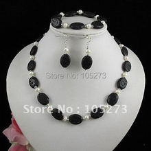 Charming!Christmas pearl jewelry set AA 6-7mm white Genuine freshwater pearl& black lava & silvers beads free shipping A2451 2024 - buy cheap