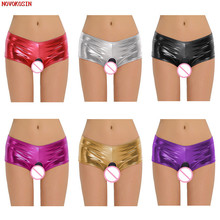 Lencería de piel sintética para mujer, ropa interior de fetiche, Mini pantalones cortos de fantasía eróticas, tangas sexys con entrepierna abierta, XX127 2018 2024 - compra barato