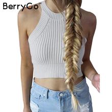 BerryGo chic knitted halter bustier crop top Women summer beach sexy white camis Off shoulder elastic tube tank tops knitwear 2024 - buy cheap