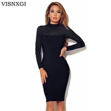 Visnxgi sexy bodycon malha vestidos femininos padrão de alta pescoço manga comprida vestidos perspectiva sexy boate sexy vestido 2024 - compre barato