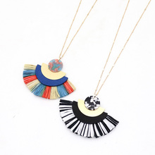 Resin Semicircle  Wood Raffia Pendant Tassels Long Chain Sweater Dress Necklace Geometric Body Jewelry 2024 - buy cheap