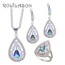 ROLILASON Trendy Hot Sell Water Drop Mutilcolor zircon Silver Stamped Fashion Jewelry Set Earring Necklace Pendant Rings JS687 2024 - buy cheap