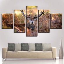 Cartel pared arte Modular lienzo pintura HD impresión 5 piezas Deer Animal puesta de sol paisaje imagen decoración sala de estar 2024 - compra barato