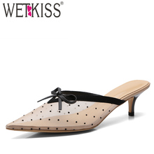 WETKISS Mesh Polka Dot Slippers Woman Pointed Toe Footwear Fashion Leather Slides Shoes Female Mules Shoes Women Summer 2019 New 2024 - buy cheap