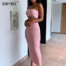 Sibybo Ribbed Strapless Buttons Sexy Two Piece Set Dress Off Shoulder Split Autumn Long Dress Party Backless Women Bodycon Dress 2024 - buy cheap
