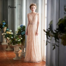 Finove Evening Dress 2020 Long Sexy Deep V Neck And Back Chic Sashes Beading Feathers Formal Party Woman Dresses Robe de soiree 2024 - buy cheap
