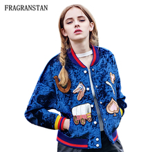 Ladies Spring Autumn Stand Collar Blue Velvet Jacket Women Fashion Cartoon Patch Designs Coat High Quality Casual Outerwear Q760 2024 - buy cheap