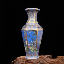 Yong Zheng in the Qing Dynasty blue enamel flower and bird vase hexagonal antique porcelain 2024 - buy cheap