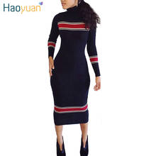 HAOYUAN Women Autumn Winter Dress Turtleneck Long Sleeve Striped Knitted Dresses 2018 Vestidos Casual Bodycon Wrap Sweater Dress 2024 - buy cheap