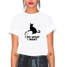 Camiseta de gato de dibujos animados para mujer, blusa divertida de manga corta para mujer, Camiseta holgada de algodón blanco y negro, camiseta para mujer 2024 - compra barato