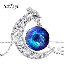 SUTEYI Vintage blue galaxy glass cabochon pendant necklace antique silver Plated moon statement necklaces pendants jewelry women 2024 - buy cheap
