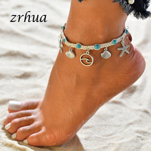 Zrhua tornozeleiras estilo concha vintage, pingentes redondos em contas, corrente de charme para mulheres, joias de pés boho bijuterias 2024 - compre barato