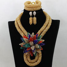 Conjunto de joyería nupcial nigeriana de color champán dorado brillante, broche de flores grande, conjunto de collar de boda africano, envío gratis, QW595 2024 - compra barato