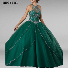 JaneVini Vintage Dark Navy Long Quinceanera Dresses Ball Gown Halter Luxury Crystal Beaded Tulle Sweep Train Princess Prom Gowns 2024 - buy cheap