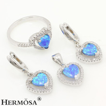 Wedding Heart Love Jewelry Sets Blue Opal 925 Sterling Silver Color Pendant Earrings Ring Size 6.5 Free Shipping 2024 - buy cheap
