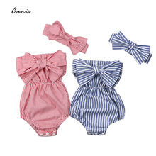 Pudcoco Newest Fashion Newborn Baby Girl Clothes Off Shoulder Bowknot Striped Bodysuit Jumpsuit Headband 2Pcs Outfits Set 2024 - купить недорого