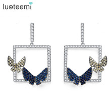 LUOTEEMI Tiny Brillante CZ Micro Pavimentada Oro Blanco de Color Doble de La Mariposa Cuelga Los Pendientes Brinco Joyería Para Las Mujeres Regalo Nupcial 2024 - compra barato