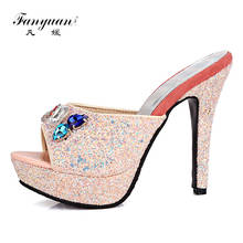 Fanyuan 2018 Summer Stylish Bling Nude Shoes Heels Synthetic Peep Toe Girl's Sapato Black White Pink Crystal Thin Heels Slippers 2024 - buy cheap