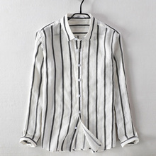 Camisa masculina listrada de linho, camisa solta de algodão e rami com gola quadrada, outono 2018 2024 - compre barato