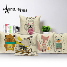 Animal Cartoon Cushion Cover Farmhouse Home Throw Pillows Elephant Fox Linen Pillowcase 45*45 Living Room Sofa Cushions Flax 2024 - buy cheap