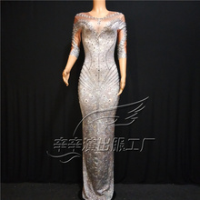 Women New Sexy Gray Rhinestone Long Sleeves Dress Female Stage Dance Dress Birthday Party Celebrate Dance Dress Evening Outfit 2024 - buy cheap