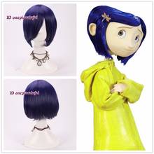 free shipping Coraline cosplay wig short bob straight blue purple hair Halloween full wigs+a wig cap 2024 - buy cheap