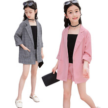 Conjunto de roupas infantis para meninas adolescentes, jaqueta cinza rosa e calções, 3 peças, uniforme escolar, roupas para crianças 10 anos 2024 - compre barato