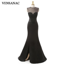 VENSANAC 2018 Mermaid Lace Illusion O Neck Split Long Evening Dresses Party Pleat Backless Sweep Train Prom Gowns 2024 - buy cheap