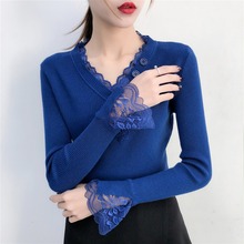 2019 Autumn Winter V-neck Knitted Pullover Sweater Lace Stitch Trumpet Sleeve Sweaters Plus Size Women Jumper Pull Femme R311 2024 - buy cheap