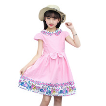 Vestido de verano con lazo para niñas, vestidos de flores con nudo frontal para niñas, vestido de cuello Peter Pan rosa de 5, 6, 7, 8, 9, 10, 11, 12 y 13 años, 2021 2024 - compra barato