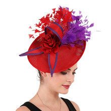Elegant Purple And Red Feather Fascinator Wedding Bridal HairClip Hat For Party Cocktail Headpiece Lady Floral Pattern HeadWear 2024 - купить недорого