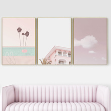 Розовое дерево облако пальмовый лист дом пейзаж настенная живопись холст скандинавские постеры и принты настенные картины для декора гостиной 2024 - купить недорого