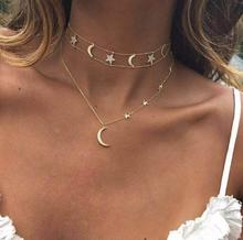 Bohemian Long Pendant Necklaces for Women Vintage Gold Color Moon Star Double Layer Choker Necklaces Statement Boho Jewelry 2018 2024 - buy cheap