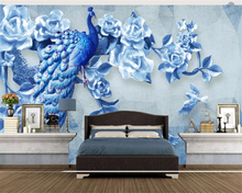 Beibehang-papel tapiz personalizado para sala de estar y dormitorio, tapiz de pared 3d de pavo real azul, peonía, Chino 2024 - compra barato