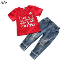 2PCS Toddler Baby Girls Clothing Summer Cool Kids Girls Letter Printed T Shirt Tops+Ripped Denim Jeans Pants Outfits Set 2024 - buy cheap
