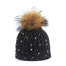 Rhinestone Beanie Kids Girls Wool Knitted Winter Hats For Children Real Raccoon Fur Pompom Hat Skullies 4-8 age 2024 - buy cheap