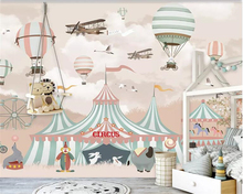 Beibehang grande 3d papel de parede dos desenhos animados balão de ar quente avião animal pup circo playground fundo da parede 3d behang 2024 - compre barato