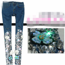 Women fashion embroidered Flower Beading Diamond Skinny hole pencil jeans 2024 - buy cheap