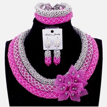 Dudo Bridal Jewelry Set Crystal 3 Layers Fuchsia Necklace Earrings Set Handmade Flowers African Nigerian Beads Jewellery 2024 - buy cheap