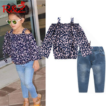 R&Z children's suit 2019 summer new ins Europe and America girls suit floral sling strapless shirt jeans two-piece 2024 - buy cheap