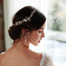 Corona de pelo nupcial con perlas y pendientes para mujer, peineta para pelo largo hecho a mano, Color dorado, accesorios de boda 2024 - compra barato