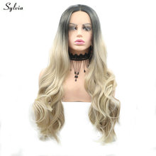 Sylvia-peruca lace front loira com ombré, cabelo sintético, longo, ondulado, fibra de alta temperatura, para mulheres 2024 - compre barato